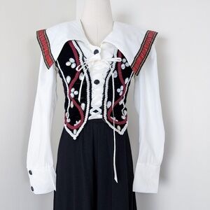 80's Nautical Blouse Satin Ribbon Trim Oversized Size L